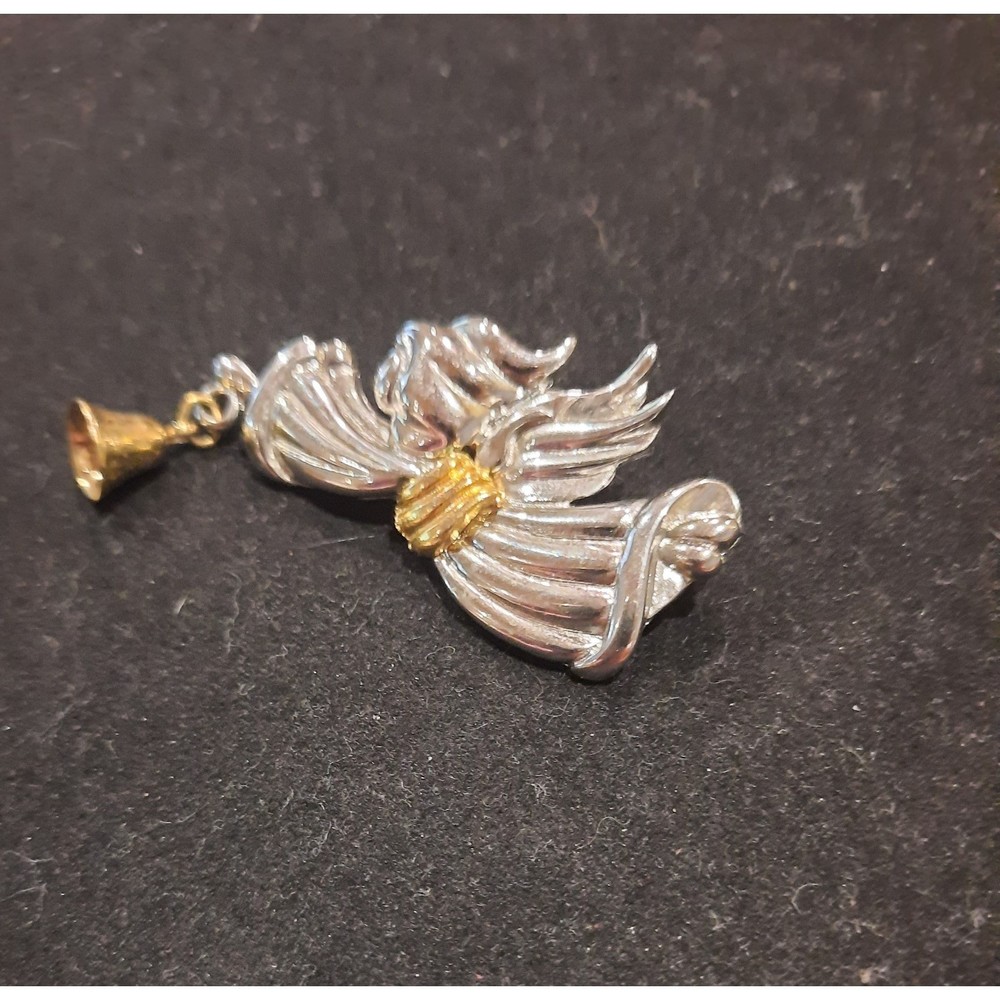 Vintage JONA Signed Gold and Silver Toned Angel Brooch With a Dangling  Bell